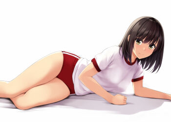 1girl breasts brown_hair buruma closed_mouth commentary_request gym_shirt gym_uniform looking_at_viewer lying medium_breasts medium_hair nonaka_ritsu on_side original red_buruma shirt short_sleeves smile solo touka_(nonaka_ritsu) white_shirt yellow_eyes