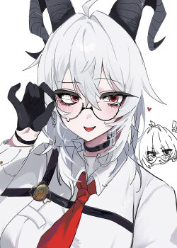 Rule 34 | 2girls, absurdres, adjusting eyewear, ahoge, bespectacled, black choker, black gloves, black horns, breasts, chest harness, choker, collared shirt, commentary request, curled horns, dos dos121, earrings, female rover (wuthering waves), glasses, gloves, hair between eyes, harness, highres, horns, jewelry, key earrings, large breasts, looking at viewer, multiple girls, necktie, open mouth, red eyes, red necktie, rover (wuthering waves), shirt, smile, solo focus, upper body, white shirt, wuthering waves, zani (wuthering waves)