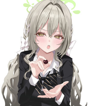 1girl absurdres blue_archive bow bowtie green_halo grey_hair halo highres long_hair looking_at_viewer miyo_(blue_archive) open_mouth shirt solo twitter upper_body white_shirt zuki_(user_mzpz5848)