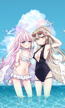 2girls angel_wings arm_up arms_behind_back bikini blue_archive blue_sky blush breasts brown_hair cleavage cloud collarbone commentary_request covered_navel earrings embarrassed feathered_wings frilled_bikini frills halterneck highres hoop_earrings jewelry kitton_(hekiku13) large_breasts looking_at_viewer low_wings mika_(blue_archive) mika_(swimsuit)_(blue_archive) multiple_girls nagisa_(blue_archive) nagisa_(swimsuit)_(blue_archive) navel official_alternate_costume official_alternate_hairstyle one-piece_swimsuit open_mouth outdoors pink_hair ponytail sky stomach swimsuit white_bikini white_wings wings yellow_eyes