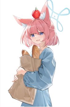 1girl :d absurdres alternate_costume animal_ear_fluff animal_ears apple apple_on_head backlighting bag blue_archive blue_eyes blue_halo blue_shirt bread casual commentary cowboy_shot eyes_visible_through_hair food fox_ears fox_girl from_side fruit hair_between_eyes half_updo halo highres holding holding_bag holding_food looking_at_viewer medium_hair nammmmer niko_(blue_archive) open_mouth paper_bag pink_hair revision shirt simple_background smile solo teeth upper_teeth_only white_background
