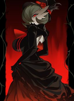 Rule 34 | 1girl, absurdres, back cutout, black dress, bob cut, breasts, chunniwa, clothing cutout, colored skin, commission, dress, flower, gardevoir, gen 3 pokemon, green hair, hair over one eye, hat, hat flower, highres, large breasts, looking at viewer, nintendo, pokemon, pokemon (creature), red eyes, white skin