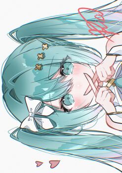 Rule 34 | 1girl, absurdres, aqua eyes, aqua hair, aqua nails, bow, commentary request, dress, fingernails, grey background, hair between eyes, hair ornament, hatsune miku, highres, hiramado miku, index finger raised, kowareta sekai to utaenai miku, looking at viewer, nail polish, project sekai, ria art, simple background, spoilers, vocaloid, white bow, white dress, x hair ornament