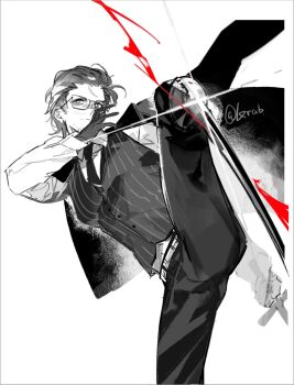 1boy bags_under_eyes beard_stubble black_gloves black_jacket black_necktie blood blood_splatter collared_shirt facial_hair foot_out_of_frame glasses glint gloves gregor_(project_moon) hair_slicked_back highres holding holding_sword holding_weapon incoming_attack jacket jacket_on_shoulders kicking krab_(fumekrab) leg_up limbus_company looking_at_viewer male_focus narrowed_eyes necktie night_awls_(identity)_(project_moon) official_alternate_costume peg_leg project_moon scar scar_on_face shirt solo spot_color striped_clothes striped_vest stubble sword vest weapon white_shirt