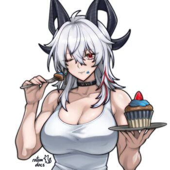 1girl artist_name bare_arms bare_shoulders black_choker black_horns blush breasts choker cleavage collarbone commentary cupcake earrings eating english_commentary food food_in_mouth food_on_face fork hair_between_eyes hands_up highres holding holding_food holding_fork holding_plate horns jewelry key_earrings large_breasts looking_at_viewer medium_hair multicolored_hair one_eye_closed plate red_eyes red_hair red_streaks rotomdocs signature single_earring solo streaked_hair tank_top toned toned_female upper_body white_background white_hair white_tank_top wuthering_waves zani_(wuthering_waves)