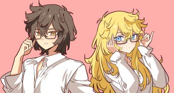 1boy 1girl andre_grandier blonde_hair blue_eyes brown_eyes brown_hair closed_mouth glasses hair_between_eyes highres long_hair long_sleeves looking_at_viewer medium_hair meremero open_mouth oscar_francois_de_jarjayes pink_background semi-rimless_eyewear shirt simple_background smile standing straight_hair upper_body versailles_no_bara white_shirt