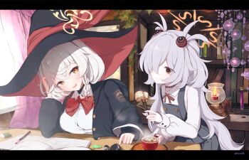 2girls black_hat black_jacket blue_archive blush book bookshelf bow braid breasts closed_mouth collared_shirt commentary_request cup eraser eri_(blue_archive) food grey_hair hair_between_eyes hair_over_one_eye halo hat hat_ribbon highres holding holding_cup hot_chocolate jacket kanoe_(blue_archive) large_breasts long_hair long_sleeves looking_at_another marshmallow multiple_girls open_mouth orange_eyes orange_halo pencil red_bow red_ribbon ribbon sakurano_rocco school_uniform shirt smile test_tube tilted_halo very_long_hair white_hair white_shirt witch_hat yellow_halo