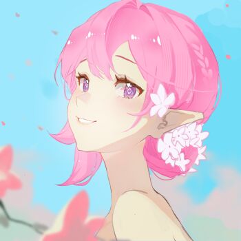 1girl blue_sky commentary_request elysia_(herrscher_of_human:_ego)_(honkai_impact) elysia_(honkai_impact) flower from_side hair_flower hair_ornament highres honkai_(series) honkai_impact_3rd htt_(user_phhn3327) looking_at_viewer short_hair sky smile solo upper_body white_flower