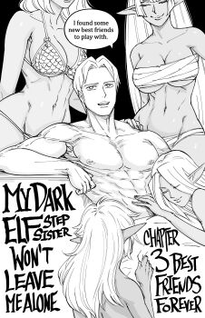 Rule 34 | 1boy, 4girls, abs, absurdres, armor, bb (baalbuddy), bikini armor, black background, breasts, chest sarashi, cleavage, copyright name, dark-skinned female, dark elf, dark skin, elf, english text, greyscale, hand on another's shoulder, harem, head on another's stomach, highres, large breasts, long pointy ears, midriff, monochrome, multiple girls, muscular, muscular male, navel, original, pointy ears, reclining, sarashi, speech bubble, underboob, white hair, willford diccard