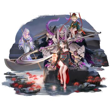 1other 3girls absurdres architecture armor bare_legs bell black_cape black_kimono blonde_hair blue_eyes blunt_bangs boat breasts brown_hair cape chinese_clothes chouchin-obake closed_mouth cloud cloud_print cloudy_sky collarbone colored_eyelashes cone_hair_bun covered_face double_bun drill_hair drill_sidelocks east_asian_architecture ellie_quickhand eternity_(last_origin) floral_print flower full_body futou game_asset gold_trim green_robe hair_bun hair_flower hair_ornament hanfu highres holding holding_lantern holding_oar holding_scythe holding_stick horns huge_breasts impossible_clothes japanese_armor japanese_clothes jewelry jingle_bell kimono kimono_partially_removed landscape lantern last_origin light_smile lily_bloomerchen long_hair long_tongue looking_at_viewer looking_down mask medium_breasts monster multicolored_hair multiple_girls nail_polish neck_bell necklace night no_panties non-web_source oar obi obijime official_alternate_costume official_art okobo on_rock one_eye_covered oni oni_mask outdoors paper_lantern parted_lips pearl_necklace pelvic_curtain platform_sandals ponytail purple_claws purple_eyes purple_hair purple_horns red_eyes red_flower red_nails river robe sandals sash scythe sharp_teeth short_hair sidelocks sitting sky soaking_feet solo soulworker spider_lily spiked_armor spikes standing stick streaked_hair tachi-e taesi teeth thick_thighs thighs toenail_polish toenails tongue torn_cape torn_clothes transparent_background twintails two-tone_hair water watercraft white_armor white_eyelashes white_hair white_kimono wide_sleeves xiangyun