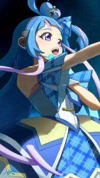 1girl a_creaty_t absurdres aokaze_nana arched_bangs bare_shoulders blue_bridal_gauntlets blue_dress blue_hair blue_theme bridal_gauntlets choker cure_wink detached_sleeves dress from_below from_side hair_bun hair_extensions hand_on_own_chest headset heart heart-shaped_hair heart_hair_bun highres idol idol_clothes kimi_to_idol_precure long_hair music open_mouth outstretched_arm plaid_armband plaid_clothes plaid_ribbon plaid_sleeves precure purple_eyes purple_streaks ribbon ribbon_choker singing solo teeth upper_teeth_only very_long_hair