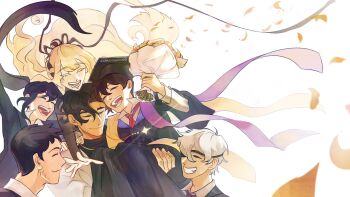 Rule 34 | 2girls, 4boys, black coat, black dress, black hair, blonde hair, bouquet, carrying, celebration, closed eyes, coat, collared shirt, commentary, dress, english commentary, eyepatch, falling petals, flower, graduation, grassjellyg00d, grin, hair bun, hair ribbon, hat, highres, holding, holding bouquet, kim dokja, kim namwoon, lee hyunsung, lee jihye, mortarboard, multiple boys, multiple girls, necktie, omniscient reader's viewpoint, outstretched arm, petals, princess carry, purple necktie, red necktie, ribbon, shirt, short hair, smile, sparkle, streamers, tassel, upper body, uriel (omniscient reader's viewpoint), white hair, white shirt, yoo joonghyuk, yoo joonghyuk (999th turn)