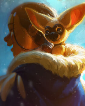 1girl animal avatar:_the_last_airbender avatar_legends braid brown_hair coat devin_elle_kurtz from_behind fur_trim hair_rings highres katara lemur momo_(avatar) open_mouth portrait profile smile snowing solo winter_clothes winter_coat