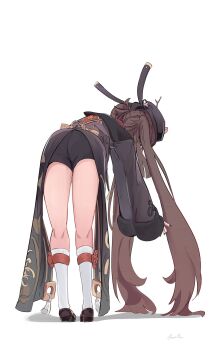 ass bent_over black_hat black_nails brown_hair chinese_clothes flat_ass full_body genshin_impact hat highres hooriyuu hu_tao_(genshin_impact) long_hair signature simple_background socks tagme tailcoat thighs twintails white_background white_socks