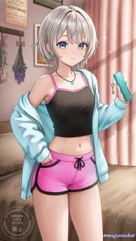 1girl absurdres bare_shoulders bed bedroom black_shirt blue_eyes blue_jacket breasts camisole closed_mouth commentary_request commission cowboy_shot crop_top dolphin_shorts drawstring highres holding holding_phone indoors jacket jewelry long_sleeves looking_at_viewer midriff navel necklace off_shoulder open_clothes open_jacket original phone pink_shorts shirt short_hair short_shorts shorts sleeveless sleeveless_shirt small_breasts smile solo spaghetti_strap stomach thighs wajuniorbox white_hair