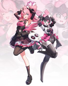 Rule 34 | 2girls, absurdres, aria (discordant note) (zenless zone zero), aria (zenless zone zero), armpits, arms up, black boots, black hair, blue eyes, blush, boots, breasts, choker, commentary, cross-shaped pupils, detached sleeves, dress, dual persona, embarrassed, green eyes, highres, horns pose, medium breasts, multicolored hair, multiple girls, one eye closed, open mouth, pink hair, quad tails, retto 7b, skull, small breasts, standing, standing on one leg, streaked hair, symbol-shaped pupils, thighhighs, wide hips, wings, zenless zone zero