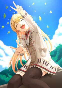 1girl :d absurdres black_thighhighs blonde_hair blue_sky closed_eyes cloud commentary_request double_v dress highres hololive hololive_dev_is leaf open_mouth otonose_kanade otonose_kanade_(1st_costume) outdoors sky smile solo teeth thighhighs tuturubanan upper_teeth_only v virtual_youtuber