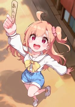 1girl absurdres ahoge birthday blush breasts collarbone commentary cream_(nipakupa) full_body highres holding holding_stick ikizulive!_love_live!_bluebird long_hair long_sleeves love_live! medium_breasts one_side_up orange_hair pink_scrunchie popsicle_stick red_eyes scrunchie short_shorts shorts solo stick takahashi_polka