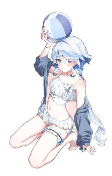 1girl absurdres alternate_costume arm_support ball barefoot beachball bikini blue_eyes blush bracelet closed_mouth commentary flat_chest frilled_bikini frilled_thigh_strap frills full_body furina_(genshin_impact) genshin_impact grey_jacket highres holding holding_ball holding_beachball jacket jewelry kneeling long_hair looking_at_viewer navel off_shoulder open_clothes open_jacket simple_background solo swimsuit thigh_strap untranslatable_commentary white_background white_bikini white_hair y91210666
