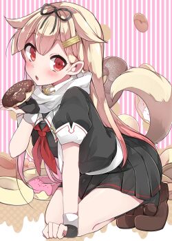 Rule 34 | 10s, 1girl, blonde hair, donut, female focus, food, gloves, hair flaps, hair ornament, hair ribbon, hairclip, highres, kantai collection, long hair, red eyes, ribbon, solo, tail, uniform, yuudachi (kancolle), yuudachi kai ni (kancolle), zinpati