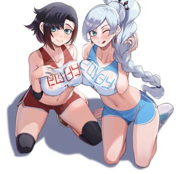 2girls black_hair blue_hair braid braided_ponytail commission full_body grey_hair highres knee_wrap kneeling long_hair looking_at_viewer medium_hair midriff multiple_girls navel nico-mo one_eye_closed ruby_rose rwby see-through_clothes short_shorts shorts sleeveless smile sports_bra swept_bangs tongue tongue_out track_uniform weiss_schnee white_background