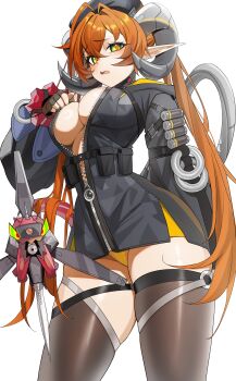 1girl absurdres black_horns black_thighhighs breasts center_opening curled_horns dragon_girl dragon_horns dress fingerless_gloves gloves green_eyes highres horns kiritzugu large_breasts looking_at_viewer magus_(zenless_zone_zero) mechanical_horns mechanical_tail orange_hair orange_pupils orphie_magnusson pointy_ears shorts simple_background single_fingerless_glove solo tail thighhighs wavy_mouth white_background yellow_shorts zenless_zone_zero zipper_dress