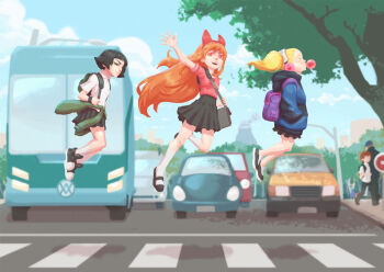 3girls abbey_road backpack bag black_hair black_skirt blonde_hair blossom_(ppg) blowing_bubble_gum blue_hoodie blue_sky bow bubbles_(ppg) bus buttercup_(ppg) car chewing_gum closed_eyes cloud crosswalk dress_shoes floating flying green_eyes hair_bow headphones hood hoodie long_hair looking_at_viewer motor_vehicle multiple_girls orange_hair outdoors pink_eyes pink_shirt powerpuff_girls red_bow road shadow shirt shoes short_hair sidewalk skirt sky smile sneakers socks street the_beatles tree twintails white_shirt white_socks zacarovs