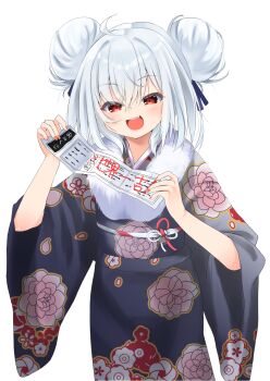 1girl :d ahoge black_kimono commentary_request double_bun floral_print fur_collar grey_hair hair_between_eyes hair_bun highres holding japanese_clothes kimono long_sleeves looking_at_viewer minase_nagi obi omikuji open_mouth print_kimono red_eyes ryogoku_tsukasa sash simple_background smile solo specialite_(company) virtual_youtuber white_background wide_sleeves