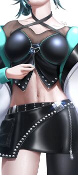 1girl absurdres black_pantyhose black_shirt black_skirt breasts commentary criss-cross_halter english_commentary facing_viewer hair_bun halterneck head_out_of_frame highres hololive hololive_dev_is jacket large_breasts linea_alba luke_s_(artist) midriff miniskirt navel official_alternate_costume pantyhose rindo_chihaya rindo_chihaya_(flowglow_uniform) see-through_clothes see-through_shirt shirt short_hair simple_background single_leg_pantyhose skirt solo sweat undershirt unzipping virtual_youtuber white_background white_jacket zipper_skirt