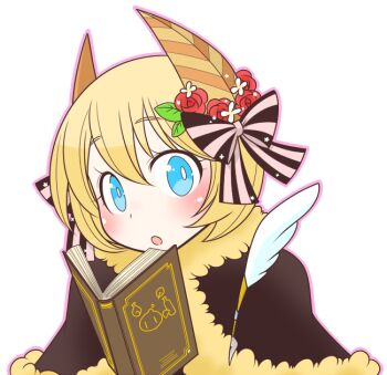 Rule 34 | 1girl, :o, blue eyes, blush, book, bow, brown bow, brown cape, brown horns, cape, commentary request, flower, fur-trimmed cape, fur trim, hair bow, hair flower, hair ornament, horns, looking at viewer, oekakipikki, official alternate costume, open book, open mouth, portrait, quill, ragnarok online, red flower, short hair, simple background, solo, striped bow, striped horns, warlock (ragnarok online), white background