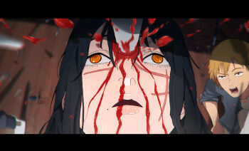 1boy 1girl absurdres big_chunger black_hair bleeding blonde_hair blood blood_on_face brown_eyes chainsaw_man denji_(chainsaw_man) facial_scar highres injury long_hair open_mouth orange_eyes ringed_eyes scar scar_on_cheek scar_on_face scar_on_nose sharp_teeth short_hair stab teeth yoru_(chainsaw_man)