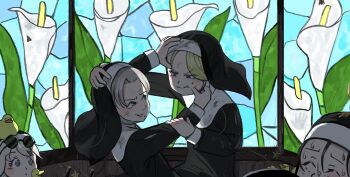 5girls ^_^ aged_down animal animal_on_head baby_animal bird black_hair blonde_hair blue_eyes bug bunny_nun_(diva) catfight cheek_pinching chick closed_eyes commentary dirty dirty_clothes diva_(hyxpk) duck duckling english_commentary eyewear_on_head fighting flower freckles freckles_nun_(diva) frog graffiti grey_eyes habit hair_strand hand_on_another&#039;s_arm hand_on_another&#039;s_cheek hand_on_another&#039;s_face hand_on_another&#039;s_head handprint head_grab highres insect lily_(flower) little_nuns_(diva) mole mole_under_eye mole_under_mouth moth multiple_girls nervous_sweating nun on_head original out_of_frame pinching scratches silhouette sleeping slice_of_life smug_nun_(diva) spread_wings stained_glass star_(symbol) strict_nun_(diva) sunglasses sunglasses_on_head sweat sweatdrop torn_clothes traditional_nun wasp when_you_see_it white_hair wooden_wall