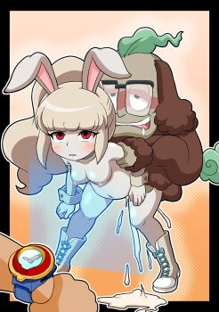 1boy 1girl 1other absurdres animal_ears bestiality black_border blush boots border breasts commentary_request cum cum_inflation cum_overflow detached_sleeves drooling furry furry_female glasses grabbing_another&#039;s_arm half-closed_eyes hetero high_ponytail highres inflation jinmenken jinmenken_(youkai_watch) large_breasts long_hair nazca_(rapid-rabbit&#039;s) nipples nude open_mouth ponytail rabbit_ears rabbit_girl red_eyes sex sex_from_behind sidelocks simple_background snowrabby standing watch youkai_(youkai_watch) youkai_watch youkai_watch_(object) youkai_watch_zero-shiki