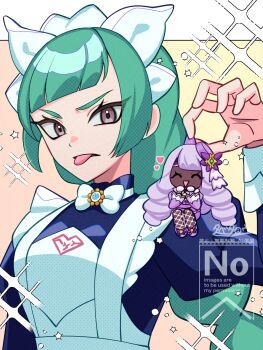 2girls apron ascot black_romper blunt_bangs bow bowtie braid braided_ponytail brown_eyes closed_eyes dark-skinned_female dark_skin dress fascinator fishnet_pantyhose fishnets frilled_ascot frills gloves green_hair heart highres holding jacinthe_(pokemon) juliet_sleeves lebanne_(pokemon) long_braid long_hair long_sleeves low_drills maid maid_apron maid_headdress mega_stone multiple_girls nintendo open_mouth pantyhose pokemon pokemon_legends:_z-a puffy_sleeves purple_dress purple_hair romper smile tabetarou tongue tongue_out tsurime very_dark_skin white_bow white_bowtie white_gloves