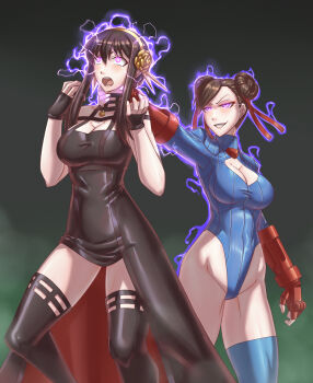 2girls bare_shoulders black_dress black_hair blue_leotard breasts brown_hair capcom chun-li collarbone commentary corruption dark_persona double_bun dress earrings electricity evil_smile eyeshadow fighting_stance fingerless_gloves gloves gold_earrings gold_hairband groin hair_bun hairband heattech_leotard highleg highleg_leotard highres jewelry large_breasts leebigtree leotard long_hair makeup mind_control multiple_girls pink_eyes red_eyeshadow red_gloves ribbed_leotard shadaloo shadaloo_dolls sidelocks smile strangling street_fighter symbol-only_commentary thighhighs thong_leotard turtleneck two-sided_dress two-sided_fabric yor_briar