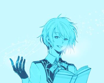 1boy bad_id bad_pixiv_id book bright_pupils gem gloves grimms_notes hair_between_eyes half_gloves hand_up holding holding_book jacket kai_(grimms_notes) kai_(tenkuu)_(grimms_notes) looking_at_viewer male_focus misoshiru_umai4 monochrome open_book open_mouth parted_bangs short_hair smile snowflakes solo teeth tongue upper_teeth_only