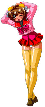 Rule 34 | 00s, blush, brown eyes, brown hair, bun cover, double bun, eyeball (artist), hair bun, hamster no kurumi, highres, loafers, long image, one eye closed, open mouth, panties, school uniform, shoes, skirt, tall image, tenshi no shippo, thighhighs, underwear, yellow legwear