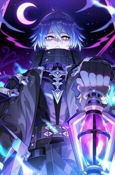 1boy absurdres arm_up belt black_belt black_coat black_gloves coat collared_coat commentary_request cowboy_shot crescent_moon crossed_bangs double-parted_bangs empty_eyes flins_(genshin_impact) genshin_impact gloves hair_between_eyes high_collar highres holding holding_lantern lantern looking_at_viewer m-1ng male_focus moon open_clothes open_coat parted_lips shirt sky solo star_(sky) starry_sky teeth yellow_eyes