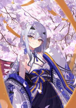 1girl bare_shoulders belt black_skirt blush breasts cherry_blossoms choker cleavage_cutout clothing_cutout fate/grand_order fate_(series) flower forked_eyebrows highres hoodier jacket long_hair long_sleeves looking_at_viewer melusine_(fate) off_shoulder sash shirt sidelocks skirt sleeveless sleeveless_shirt small_breasts smile solo tree white_hair white_jacket white_shirt wide_sleeves yellow_eyes zipper