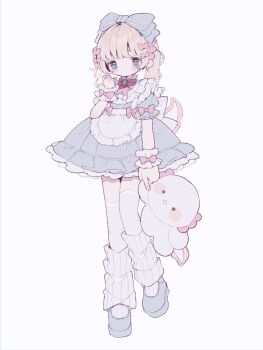 1girl apron blonde_hair blue_bow blue_dress blue_eyes blue_shoes blush bow bowtie closed_mouth commentary dress frilled_apron frilled_dress frilled_wrist_cuffs frills full_body hair_bow hand_up holding holding_stuffed_toy long_hair original pink_bow pink_bowtie ponytail ribbed_socks shoes short_sleeves simple_background sleeve_bow socks socks_over_thighhighs solo standing stuffed_animal stuffed_toy thighhighs upa_papa_co white_apron white_background white_socks white_thighhighs wrist_cuffs