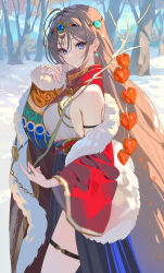 Rule 34 | 1girl, absurdres, arm strap, bare shoulders, blue eyes, blue skirt, blue sky, branch, breasts, brown hair, cowboy shot, day, fur-trimmed jacket, fur trim, hair between eyes, hair intakes, hair ornament, hand up, high-waist skirt, highres, holding, holding branch, jacket, light blush, long hair, looking at viewer, medium breasts, original, outdoors, red jacket, shirt, sideboob, skirt, sky, smile, snow, solo, teffish, thigh strap, thighs, three quarter view, tree, very long hair, white shirt