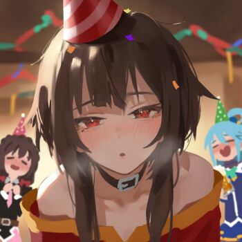 3girls =_= ai-generated alcohol aqua_(konosuba) aqua_hair aroused aruhshura bare_shoulders beer beer_mug black_choker black_dress blue_shirt blue_skirt blurry blurry_background blush bow bowtie braid breath brown_hair choker collarbone commentary confetti crown_braid cup dress drink drunk english_commentary eyelashes green_bow green_bowtie hair_bow hair_ornament hair_over_shoulder hair_ribbon hair_rings hands_on_own_chest hat highres holding holding_cup holding_drink imminent_kiss incoming_kiss indoors kono_subarashii_sekai_ni_shukufuku_wo! leaning_forward long_hair loose_hair_strand megumin mug multiple_girls narrowed_eyes necktie nose_blush off-shoulder_dress off_shoulder open_mouth own_hands_together parted_lips party party_hat pink_necktie pleated_skirt polka_dot_headwear pursed_lips red_bow red_dress red_eyes red_ribbon ribbon shirt short_hair short_hair_with_long_locks sidelocks skirt smile solo_focus streamers striped_clothes striped_headwear w_arms yellow_trim yunyun_(konosuba)