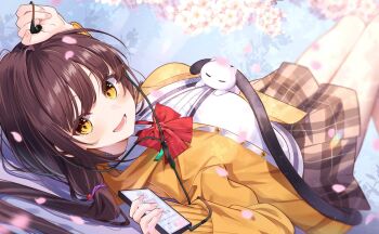 Rule 34 | 1girl, asakura karen (heaven burns red), brown hair, cat tail, chroemaguro, commentary request, headset, heaven burns red, highres, holding, holding phone, looking at viewer, phone, school uniform, tail, yellow eyes