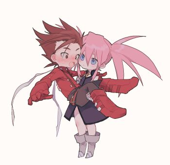 Rule 34 | 1boy, 1girl, absurdres, black pants, blue dress, blue eyes, blush, boots, brown eyes, brown hair, carrying, chest jewel, chibi, dress, embarrassed, gloves, grey boots, hair between eyes, highres, knee boots, lloyd irving, long hair, looking at another, nancykittyu, open mouth, pants, pink hair, presea combatir, princess carry, red boots, red gloves, red shirt, shirt, short hair, simple background, smile, spiked hair, suspenders, tales of (series), tales of symphonia, twintails, white background
