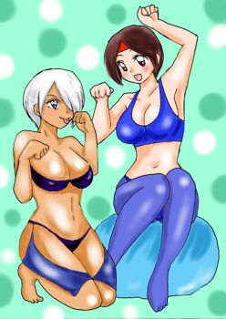2girls angel_(kof) ayukawa88kawa bikini blue_eyes breasts brown_eyes brown_hair dark-skinned_female dark_skin female_focus huge_breasts large_breasts multiple_girls nipple_slip nipples pale_skin panties see-through_clothes short_hair skin_tight swimsuit tan tank_top the_king_of_fighters thick_thighs thighs tongue underwear white_hair yuri_sakazaki