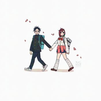 1boy 1girl ayase_momo backpack bag black_choker black_hair black_jacket black_pants blue_bag blue_skirt bow bowtie breasts brown_eyes brown_hair brown_shoes choker clothes_around_waist collared_shirt commentary_request dandadan earrings falling_petals full_body gakuran glasses grey_bag highres holding_hands jacket jewelry k_ysd001 kami_high_school_uniform loafers long_sleeves looking_to_the_side loose_bowtie loose_socks medium_breasts medium_hair messy_hair open_mouth pants petals pink_petals pink_sweater pleated_skirt red_bow red_bowtie round_eyewear school_uniform shirt shoes short_hair simple_background skirt sleeves_past_wrists sneakers socks sweater sweater_around_waist takakura_ken_(dandadan) walking watermark white_background white_shirt white_shoes white_socks