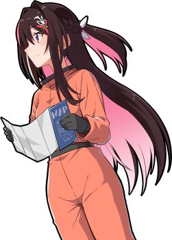 1girl azki_(hololive) black_gloves brown_hair closed_mouth colored_inner_hair commentary_request dutch_angle feet_out_of_frame from_behind gloves hair_ornament hairclip half_updo hazmat_suit highres holding holding_map hololive jumpsuit lethal_company light_blush long_skirt looking_afar looking_ahead map multicolored_hair official_alternate_hair_length official_alternate_hairstyle orange_jumpsuit pink_hair ponytail short_ponytail simple_background skirt smile solo transparent_background virtual_youtuber yuto_(dialique)