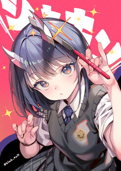 1girl aoki_ruri arm_up black_hair black_skirt blue_eyes blue_necktie breasts collared_shirt fingernails hair_between_eyes hand_up highres holding_tool horns kink_(tortoiseshell) leaning_forward lips looking_at_viewer necktie pink_nails print_necktie red_background ruridragon shirt short_hair short_sleeves skirt sleeveless sleeveless_sweater small_breasts solo sweater twitter_username wing_collar