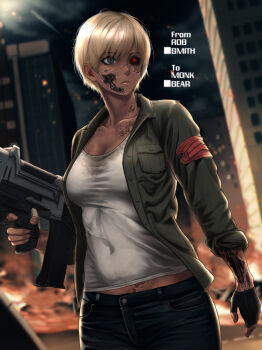 Rule 34 | 1girl, absurdres, android, blonde hair, breasts, cleavage, damaged, dark skin, fingerless gloves, gloves, glowing, glowing eyes, highres, holding, holding weapon, insignia, large breasts, mechabare, rob 110101101, solo, tan, terminator (series), the terminator, weapon