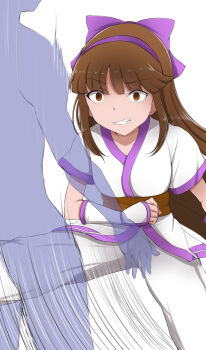 1boy 1girl annoyed brown_eyes brown_hair clenched_hand clenched_teeth crotch_kick dark-skinned_female dark_skin femdom fingerless_gloves gloves hair_ribbon highres invisible kicking legs long_hair looking_at_viewer murasaki_nakoruru pants ribbon samurai_spirits snk solo teeth thighs